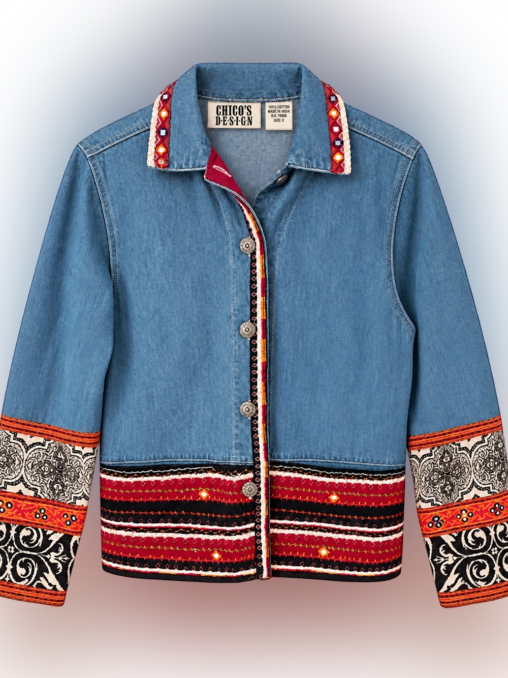 Chico's Design Blue Denim Jacket with Red and Black Embroidered Trim Size 0